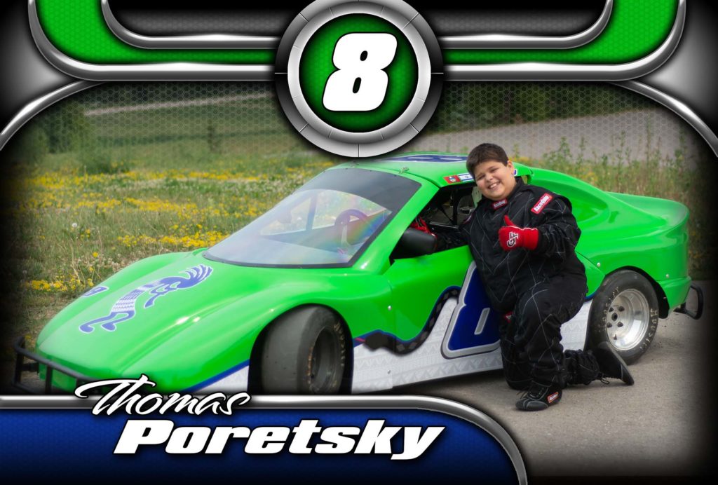 Thomas Poretsky #8 (photo of Thomas's hero card showing him, his number, and his bandolero race car )